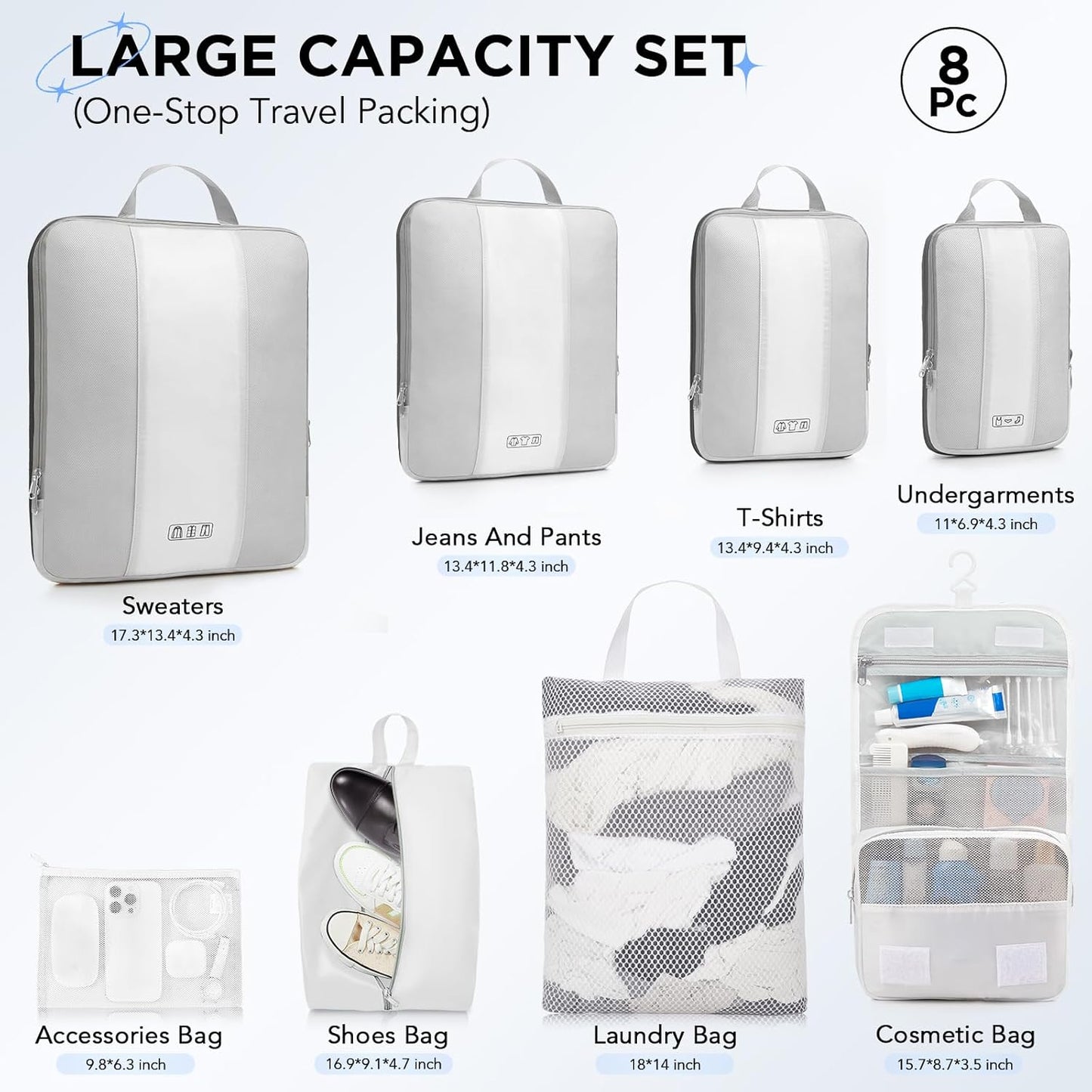 8 Set Compression Packing Cubes for Travel Essentials,Compressible Expandable Packing Cubes for Suitcase,OlarHike Luggage Organizer Bags for Travel,Handy Helper for Organizing Clothes(White)