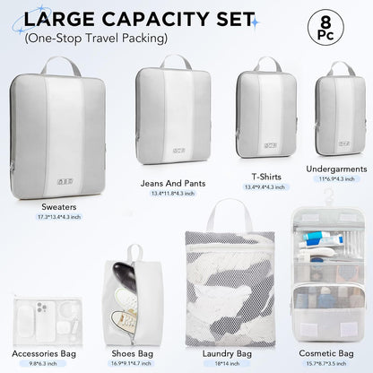 8 Set Compression Packing Cubes for Travel Essentials,Compressible Expandable Packing Cubes for Suitcase,OlarHike Luggage Organizer Bags for Travel,Handy Helper for Organizing Clothes(White)