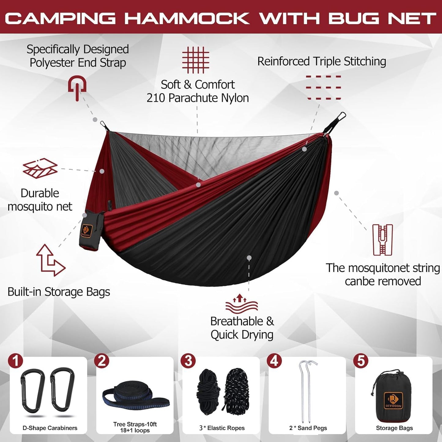 Camping Hammock, Portable Hammocks with Mosquito Net,Lightweight Nylon Parachute Hammock with 10ft Tree Straps,Camping Gear Must Haves for Travel Hiking Backpacking Beach Patio-Black&Red
