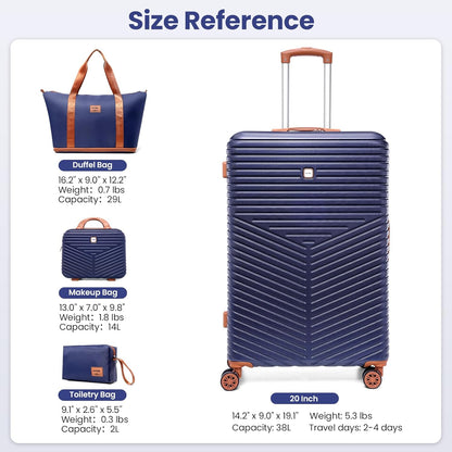 Hoteel 4 Piece Luggage Set (4-YEAR WARRANTY) Carry on ABS+PC Hard Shell Suitcase with Spinner Wheels & TSA Lock (Dark Blue)