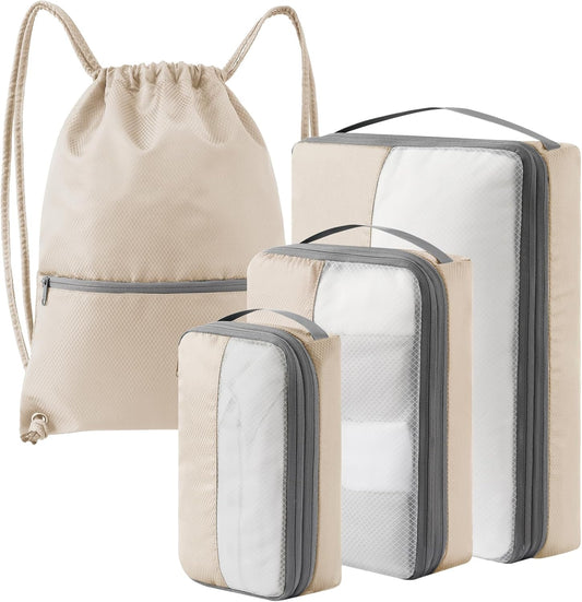 4 Set Compression Packing Cubes for Travel, Bonus Versatile Drawstring Backpack, Lightweight Luggage Organizer Bags, Sturdy Travel Accessories for Suitcase, Beige