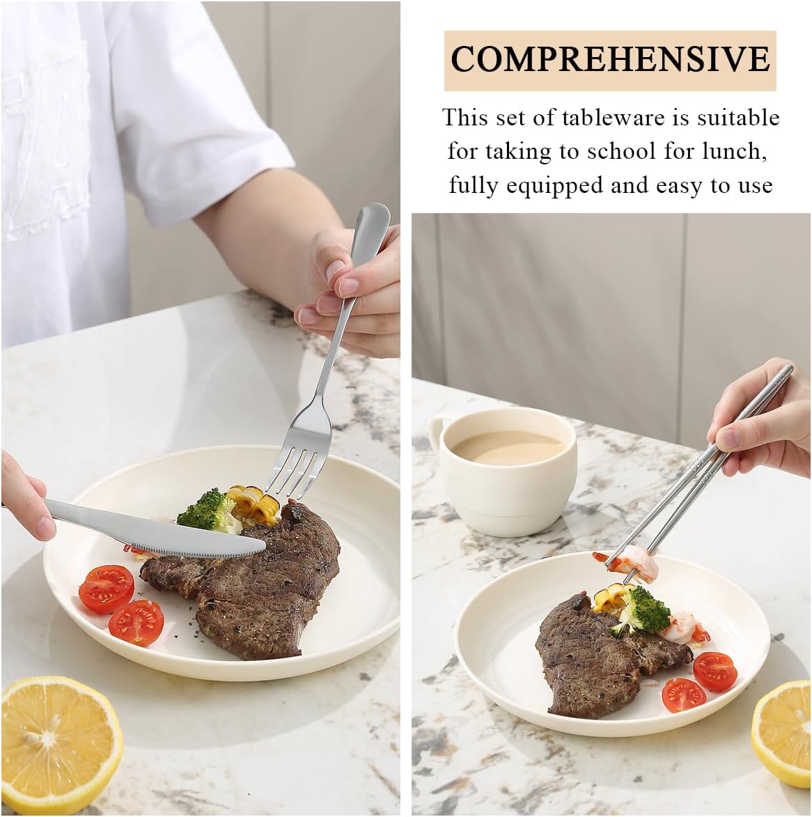 Camping Essentials Set, HOMQUEN Camping Plates and Bowls Set, Coffee Mug, Travel Cutlery Set Include Spoon, Fork, Knife for Work, Outdoor,Picnic, Camp （White）