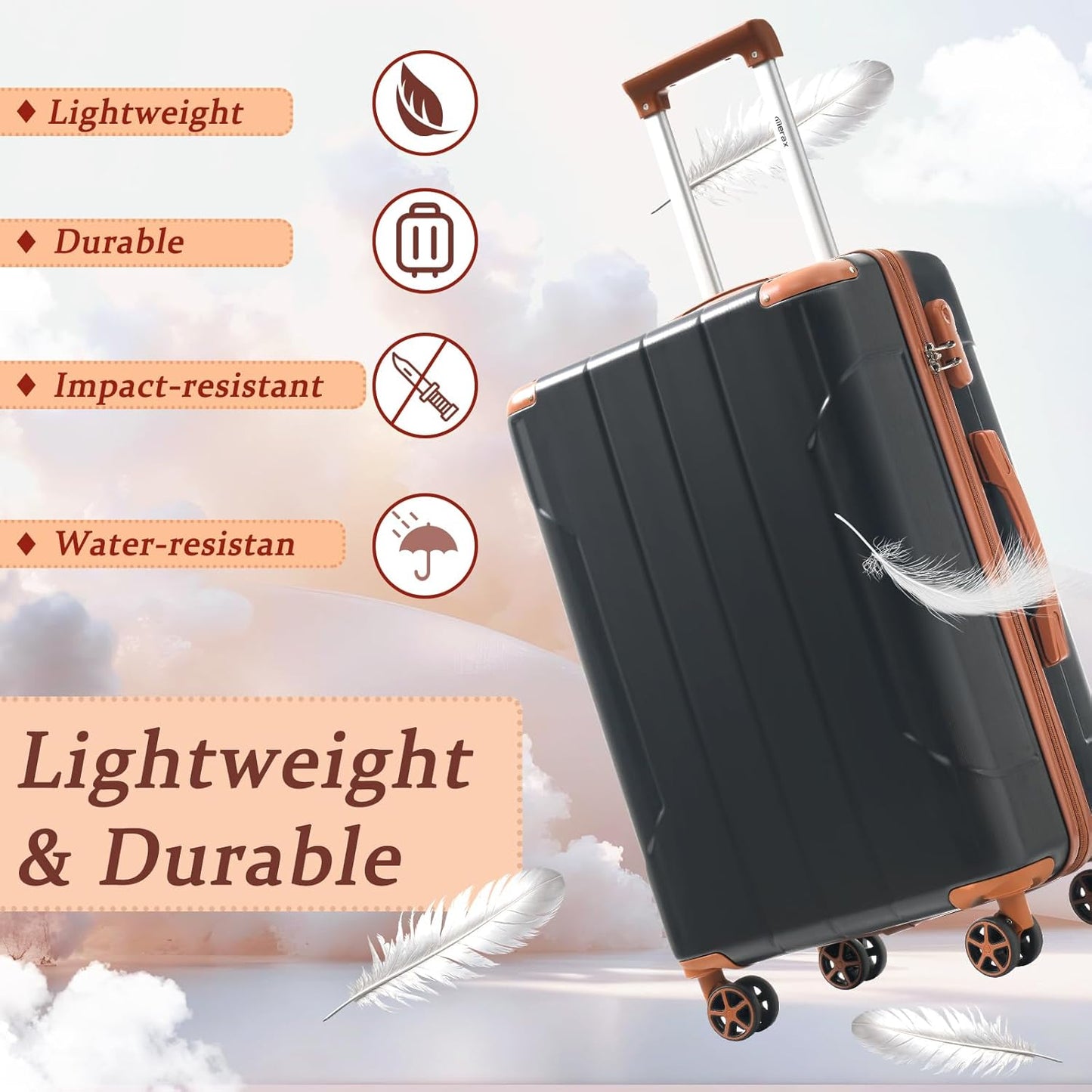 Merax Luggage Sets 3 Piece Hardshell 8 Spinner Wheels Lightweight Suitcase Corner Guards Travel Luggage (Black brown 20IN 24IN 28IN)