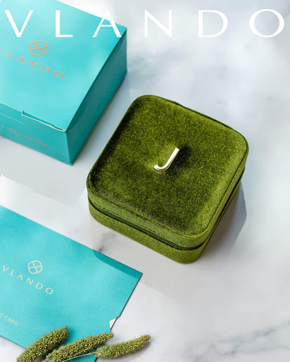 Vlando Plush Velvet Travel Jewelry Case, Personalized Initial Jewelry Boxes for Women Girls, Mini Jewelry Travel Organizer Travel Essentials for Birthday Gifts - Letter J, Green