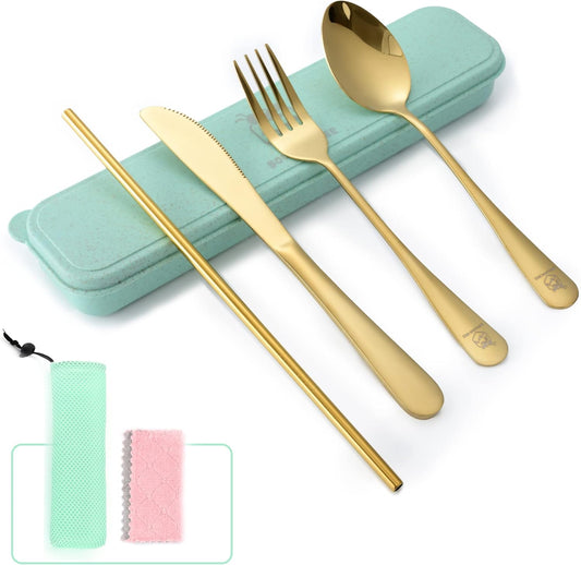 Boulder Bee | Travel Utensils Set | Reusable Camping Cutlery Set | Stainless Steel Flatware Set | Portable Silverware Set with Case | Includes Knife/Fork/Spoon/Straw/Cleaning Cloth/Case (Gold)