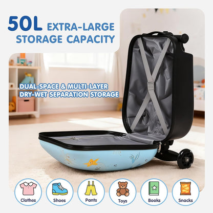 4-in-1 Detachable Scooter Luggage for Kids & Teens – Hardside Ride-On Suitcase with Led Light Up Wheels, Dinosaur Design, Lightweight Foldable, Perfect Travel Gift for Boys(Light Blue 22-inch)