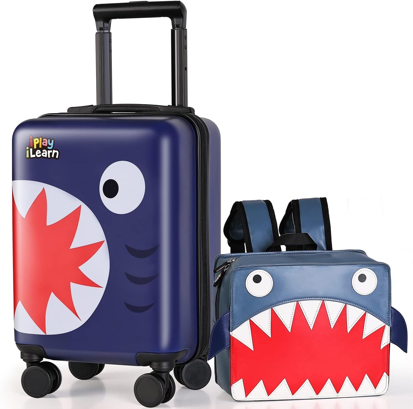 iPlay, iLearn Shark Kids Luggage, Boys Carry on Suitcase, 18" Hardside Travel Luggage Set W/Backpack, Toddlers Rolling Luggage W/ 4 Spinner Wheels, Children Holiday Birthday Gifts