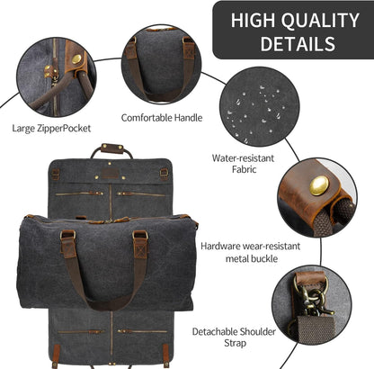 2 in 1 Canvas Leather Suit Luggage Garment Bag with Shoulder Strap for Travel and Business Trips (Black)