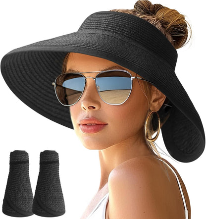 NPJY Sun Hats for Women Wide Brim Roll-Up Beach Ponytail Hat Packable Foldable Travel Straw Visor