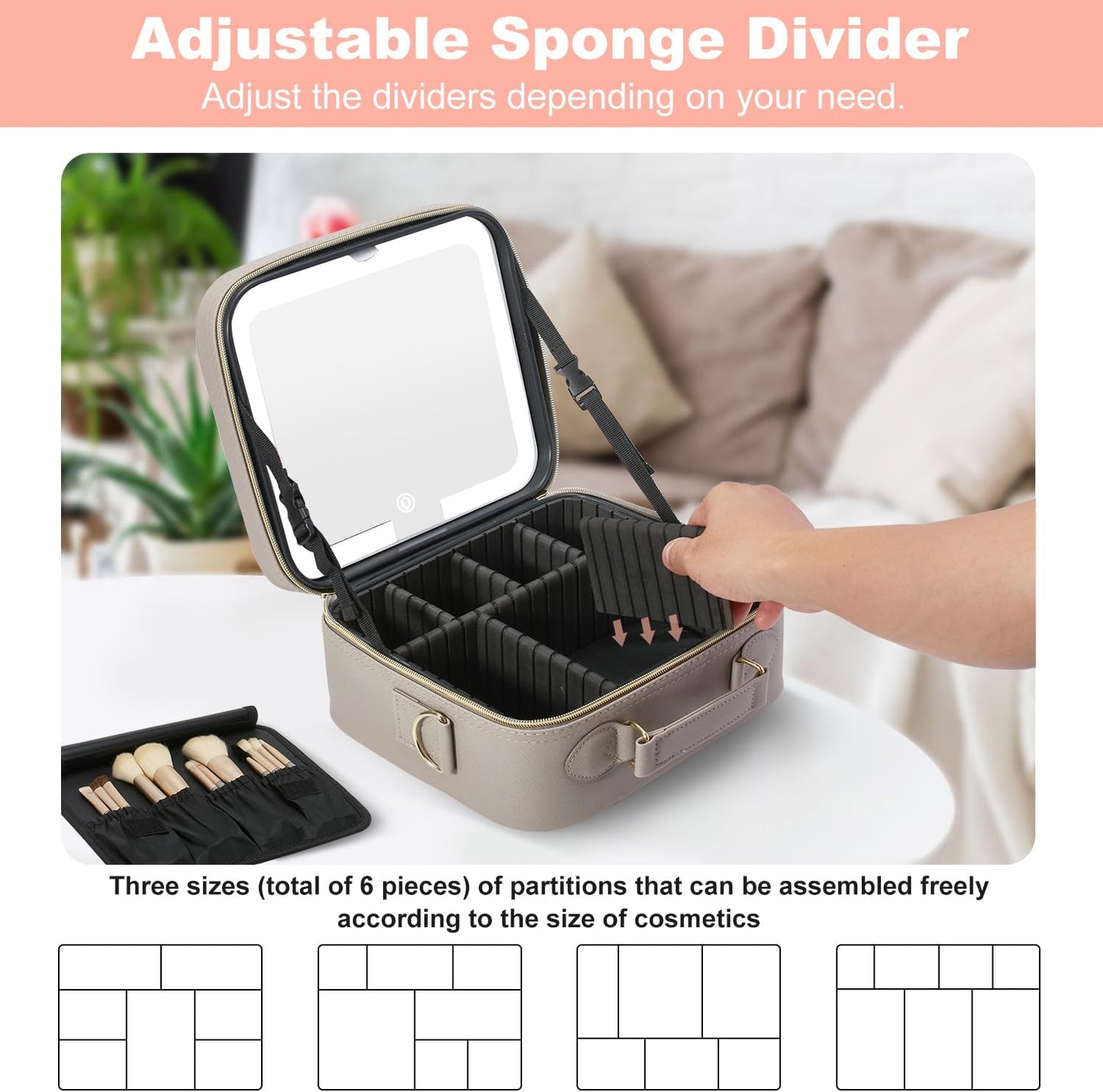 Mocado Travel Makeup Bag with LED Lighted Mirror,Travel Makeup Organizer,Makeup Case with 3 Color Lighted Setting and 10x Magnifying Mirror,Portable Storage and Adjustable Dividers Makeup Box(Grey)