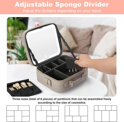 Mocado Travel Makeup Bag with LED Lighted Mirror,Travel Makeup Organizer,Makeup Case with 3 Color Lighted Setting and 10x Magnifying Mirror,Portable Storage and Adjustable Dividers Makeup Box(Grey)