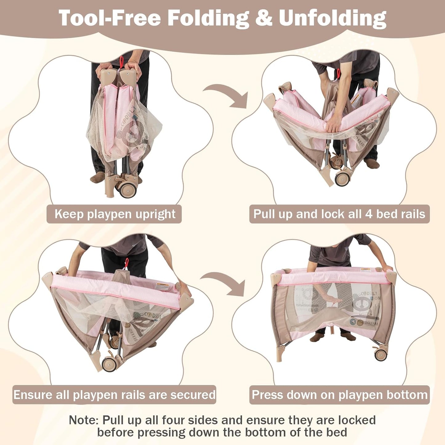 HONEY JOY Pack and Play, 3 in 1 Portable Baby Playard with Bassinet, Changing Table, Lockable Wheels, Music Box, Foldable Travel Baby Crib Nursery Center from Newborn to Toddler (Coffee Pink)