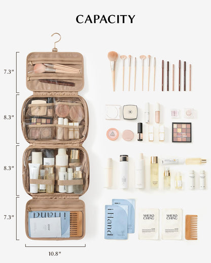 EACHY Hanging Toiletry Bag, Satin 4 Compartments Travel Toiletry Bags for Women, Large Capacity Make Up Organizer Bag with Handle & Compartments (Brown, L)