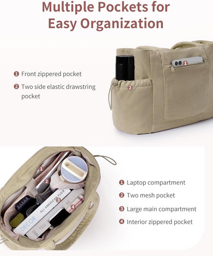 ECOHUB Tote Bag for Women, Work Tote Bags with Laptop Compartment, Large Corduroy Tote Bag with Stanley Cup Holder