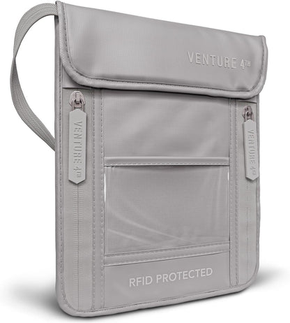VENTURE 4TH Passport Holder Neck Wallet with RFID Blocking Nylon Lining - Hidden Neck Pouch for Travel (Sleek Silver)