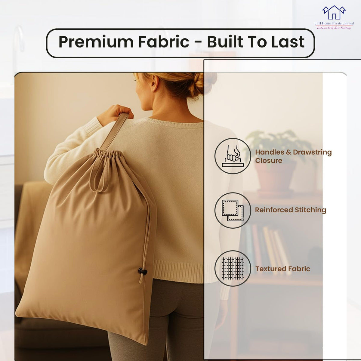 LFH Home Cotton Canvas Large Laundry Bag with Handle, Heavy Duty Drawstring Closure Washable Laundry Bags, School Travel, Home, Hotel, College Dorm, Organizer Sack, Toys 20x30-Beige Thanks Giving