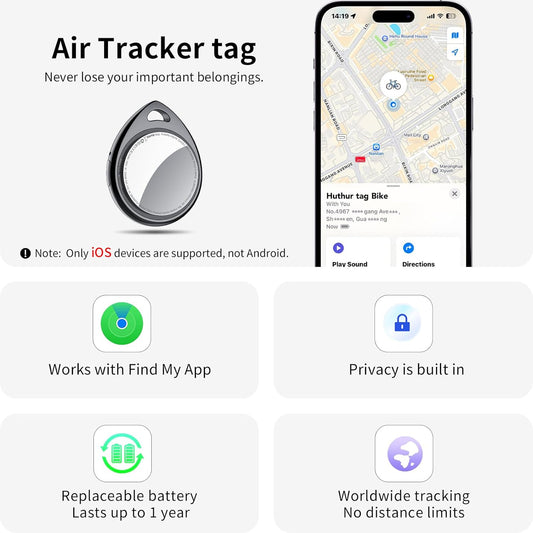 Air Tracker Tags-4 Pack, 5.3 Bluetooth Tracker Work with Apple Find My (iOS Only), 100dB Sound, Smart Tag with Keychain/Lanyard, Item Finder for Luggage/Key/Suitcase, Replaceable Battery, Black.