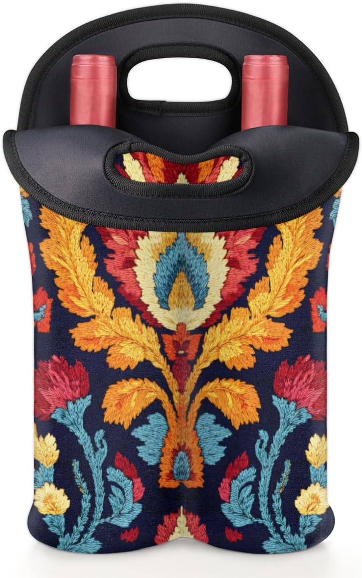 Neoprene Wine Tote, Bottle Carrier Gag Insulating Neoprene Thicker, Insulated Wine Bag for Travel Holds Two Bottles, Bottle Carrier Bags Protect the Bottles, Colorful Totem