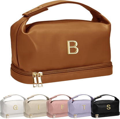 Gifts for 13 14 15 16 17 18 Year Old Girls, Makeup Bags with Handle, Initial Double Layer Cosmetic Bag with Makeup Brush Organizer, Cute Cosmetic Pouch for Women, Gifts for Friends Female Mom