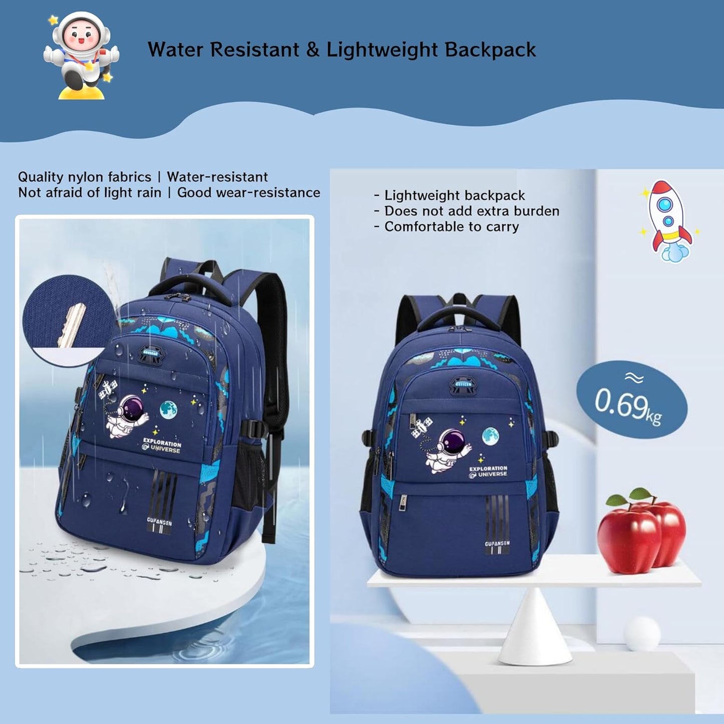 MITOWERMI Astronaut Backpack for Boys School Bags Space Kids Backpack for School Elementary Book Bags Girls Lightweight Travel Back Packs Blue