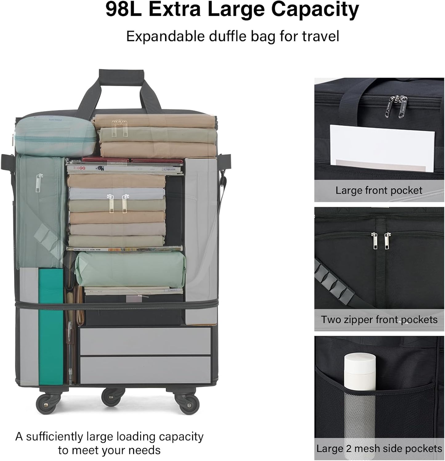 MILADA Expandable Luggage Bags for Travel Foldable Suitcase with Wheels Collapsible Rolling Travel Duffle Bag Lightweight Large Suitcases without Telescoping Handle, Black