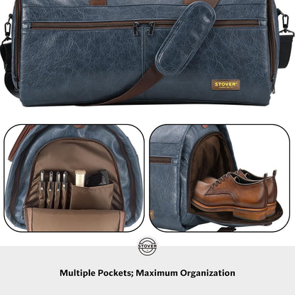 STOVER Garment Travel Duffle Bag, Large 2-in-1 Convertible Carry-on Luggage for Men & Women- Hanging Suits, Dresses & Clothes + Shoe Compartment- Weekender Tote Combo Duffel (Blue Leatherette)