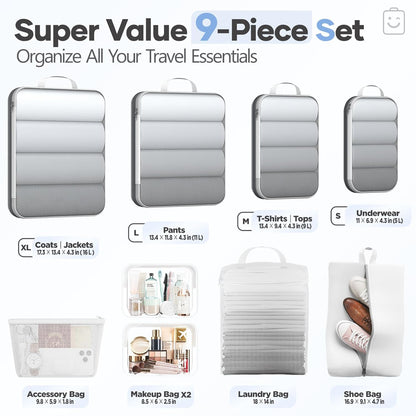 Veken 9/11 Set Compression Packing Cubes for Travel Essentials,Compressible Expandable Large Luggage Suitcase Organizer Bags for Clothing,Durable Space Saver Storage Bags with Toiletry Bags(White)