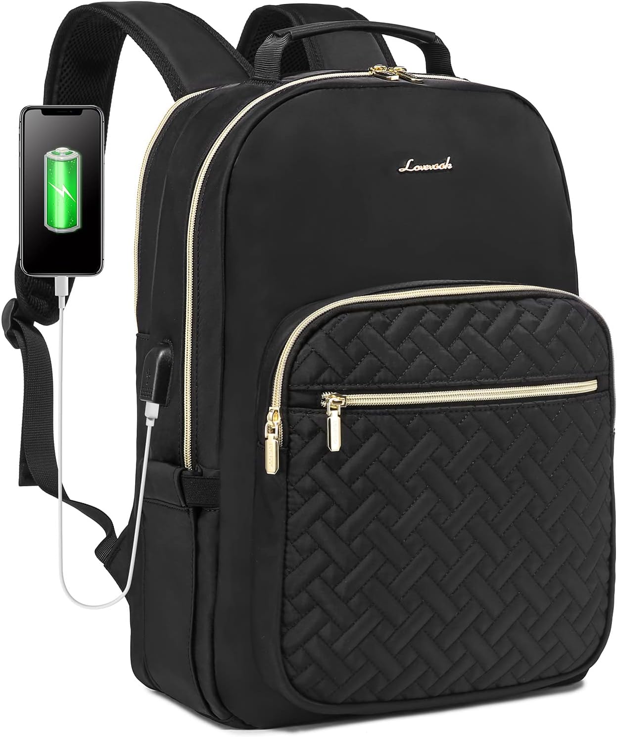 LOVEVOOK Laptop Backpack for Women, Stylish Quilted Backpacks Purse for Business Work Travel, Computer Bags Bag, with USB Port fits 15.6-inch Laptop, Black