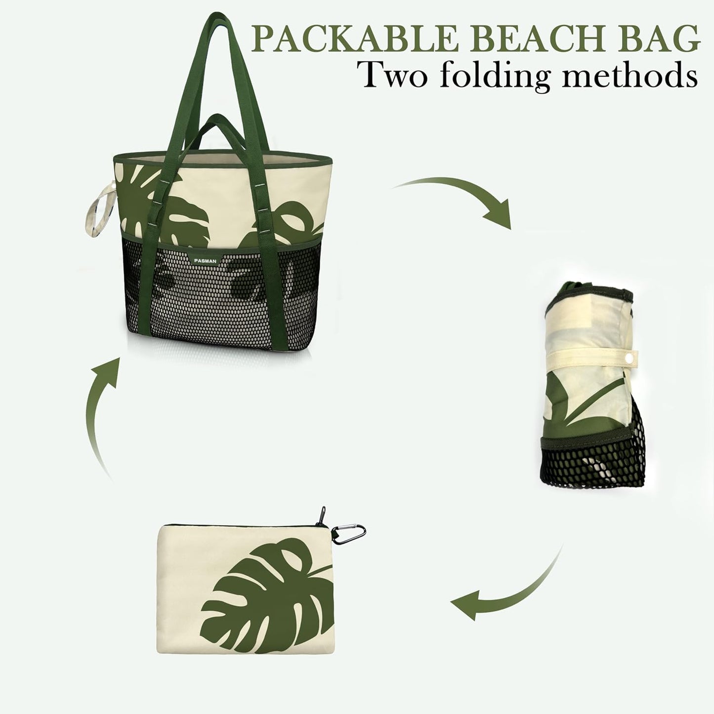 Beach Bag with Zipper - 8 Pockets Sandproof Beach Tote Bag for Women,Foldable Lightweight Family Swim Bag Vacation