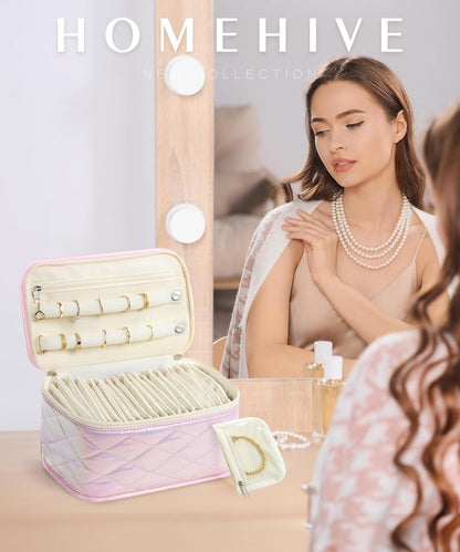 Large Travel Jewelry Organizer Box with 20 Clear Velvet Bags, Anti-Tangle & Anti-Oxidation Jewelry Case for Rings, Earrings, Necklaces & Bracelets – Quilted Pink Design, Gift for Women & Girls, Pink