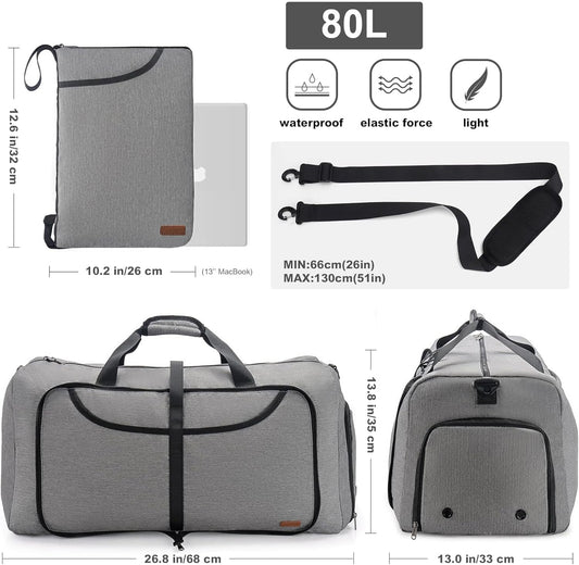 80L Duffle Bag for Travel, Large Foldable Waterproof Travel Duffel Bags Weekender Overnight Bag for Men and Women with Shoe Compartment (Gray)