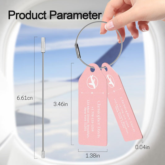 4 PCS Personalized Metal Luggage Tag – Personalized Engraved Suitcase Tag, Backpack Tag, with Matching Color Strap, Waterproof Suitcase Name Badge – Ideal Corporate Gift & Travel Accessory (Pink)