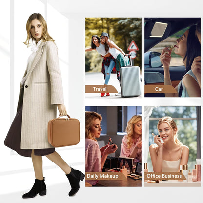 Travel Makeup Bag for Makeup Artists Large Makeup Case,with Mirror 3 Color Setting and Detachable 10x Magnifying Mirror Travel Makeup Bag,Portable Storage and Adjustable Dividers（brown）