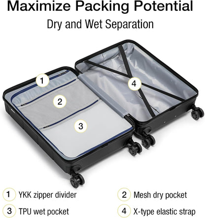 KYME Luggage Sets 2 Piece Hardshell 22"/26" Suitcase with Spinner Wheels Hardside Suitcases Sets with TSA Lock Lightweight Travel Luggage Set with Cup Holder for Women Men Black