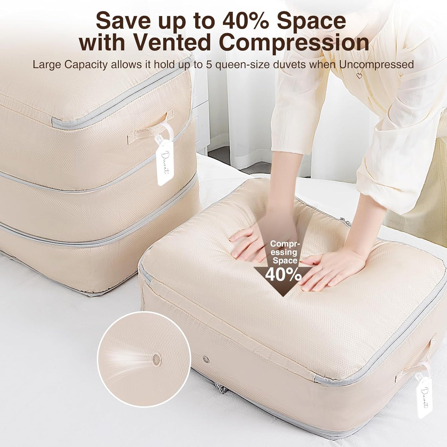 4 Pack Compression Storage Bags - 110L Large Capacity Comforter Storage Bag, 3-Layer Washable Ultra Space Saving Self Compression Organizer Space Bags for Blankets, Sweaters, Sheets, Beige