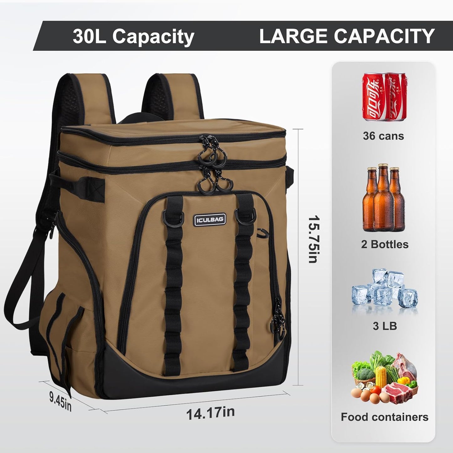 Beach Cooler Backpack for Men 36cans Insulated Backpack Cooler Lunch Bag for Women Camping Hiking Picnic Travel for 18 Hours Cooling 30L