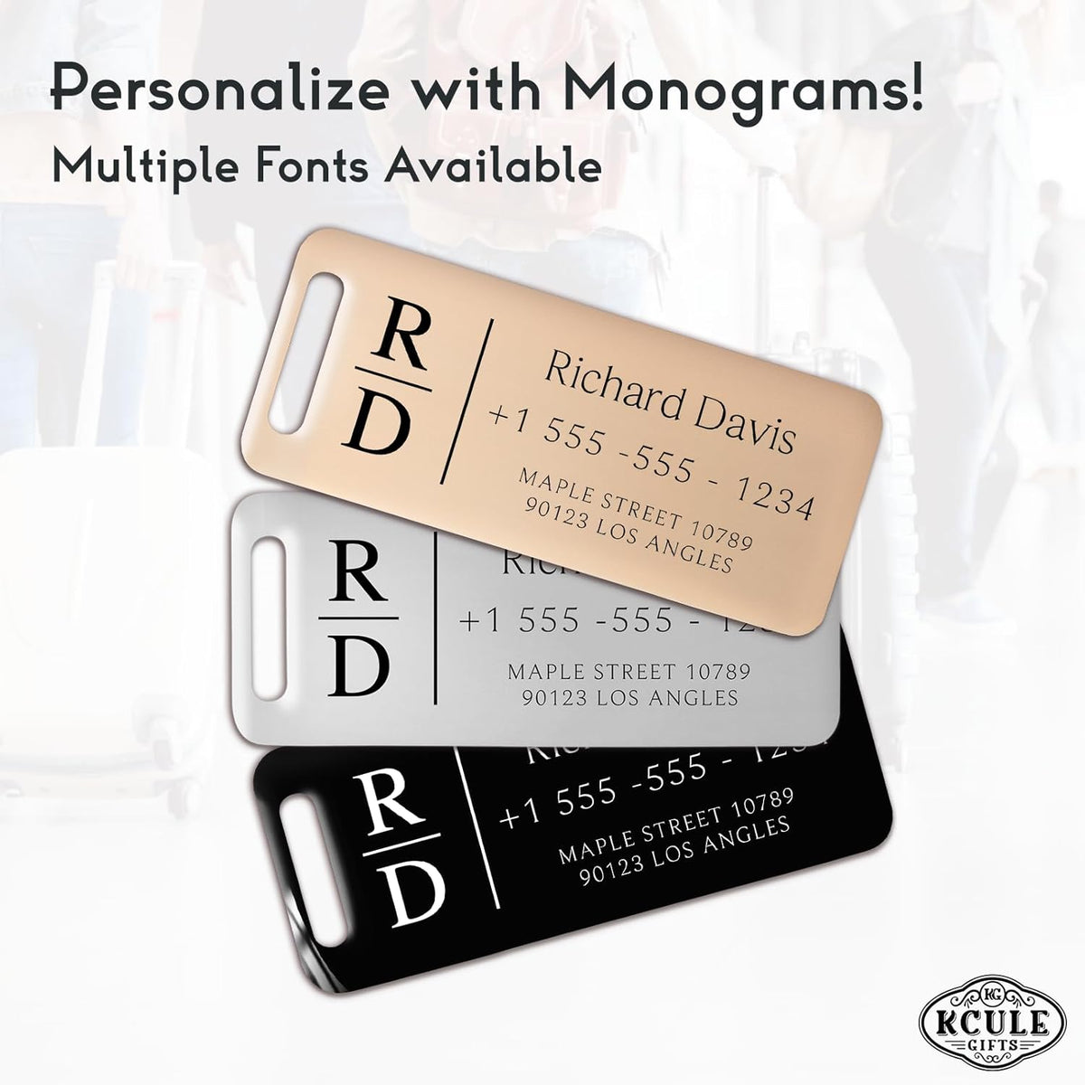 Personalized Luggage Tags for Suitcases 4 Pack - Stainless Steel Custom Luggage Tags for Backpacks & Bags, Sturdy, Waterproof & Heavy Duty (Black / 3" x 1.25")