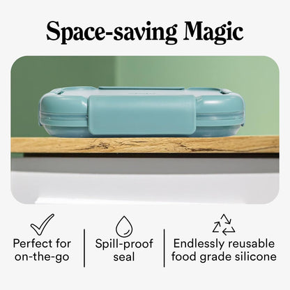 STOJO Collapsible Bento Box, Reusable, Leak-Proof, Microwave & Dishwasher Safe, Premium Lunch Container with Divider – Space-Saving, Transparent Design (Eucalyptus, 6-Cup/1.5L)