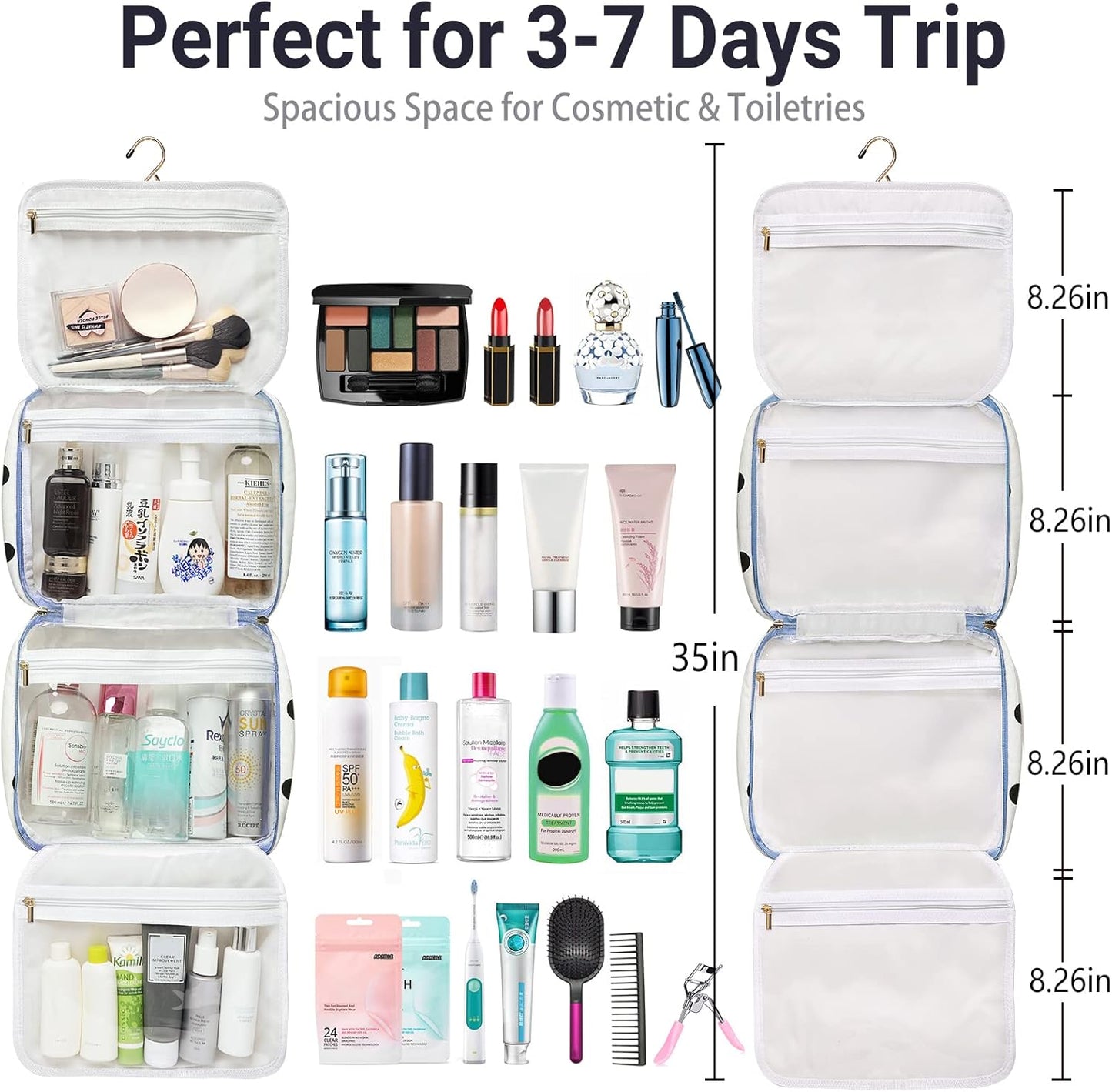Hanging Travel Toiletry Bag,Large Capacity Cosmetic Travel Toiletry Organizer for Women with 4 Compartments & 1 Sturdy Hook,Perfect for Travel/Daily Use/Christmas
