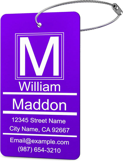 Luggage Tags for Suitcase - Personalized Engraved Purple Metal Tag for Cruise Travel - Custom Name Tags Suitable for Bags and Backpacks