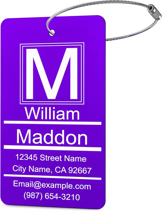 Luggage Tags for Suitcase - Personalized Engraved Purple Metal Tag for Cruise Travel - Custom Name Tags Suitable for Bags and Backpacks