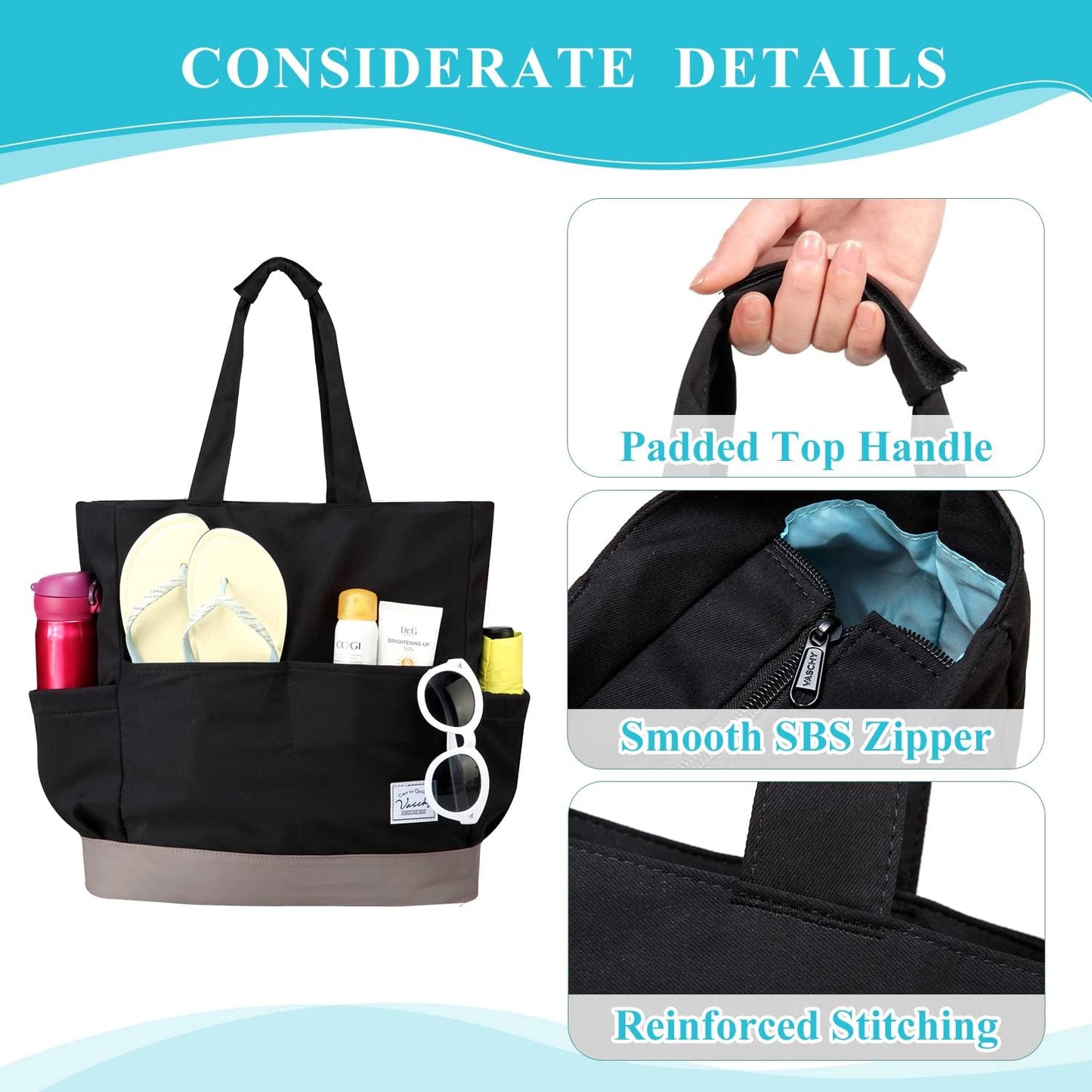 VASCHY Beach Bag for Women, Large Waterproof Sandproof Fold-able Packable Pool Tote Bag w Zipper/Pockets