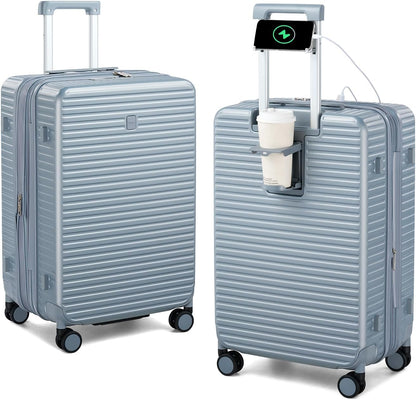 Hard Shell Suitcases 24 Inch Check in Luggage with Spinner Wheels, Expandable Travel Luggage with Cup Holder Charger Built in, Checked Medium Suitcase Lightweight Suitcases, Silver