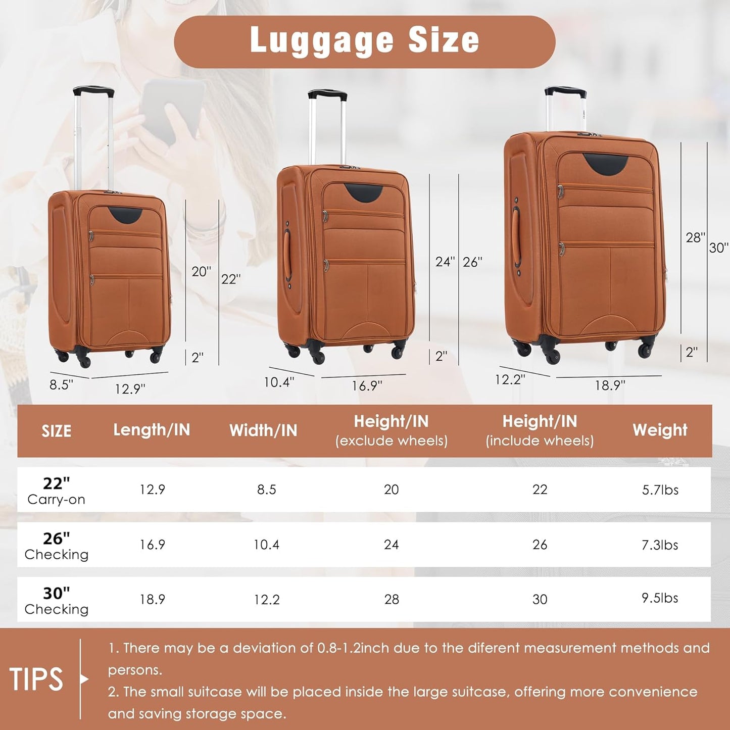 Merax Softside Luggage Set Softshell Lightweight 3 Piece Spinner Suitcase with Duffel Bag Expandable Upright Travel Luggage 22" 26" 30",Orange
