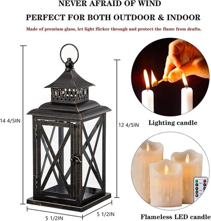 DECORKEY Lantern Decorative Indoor & Outdoor, 2 Pack Large Hanging Candle Lanterns Home Decor, Vintage Metal Candle Holders for Front Porch Patio Wedding Party, Halloween Christmas Decorations (Black)