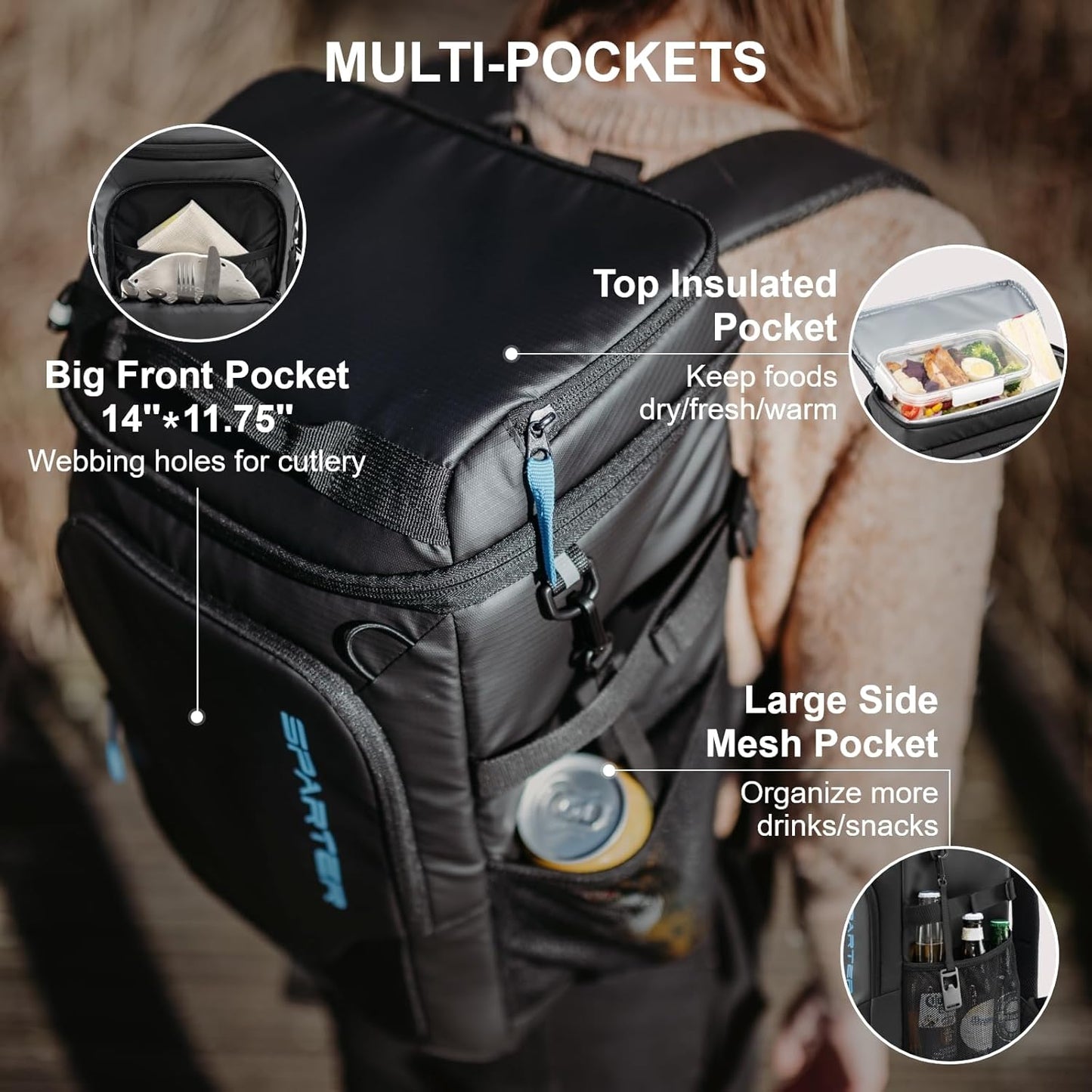 SPARTER Backpack Cooler Insulated Leak Proof 33/49 Cans, 2 Insulated Compartments Thermal Bag, Portable Lightweight Beach Travel Camping Lunch Backpack for Men and Women