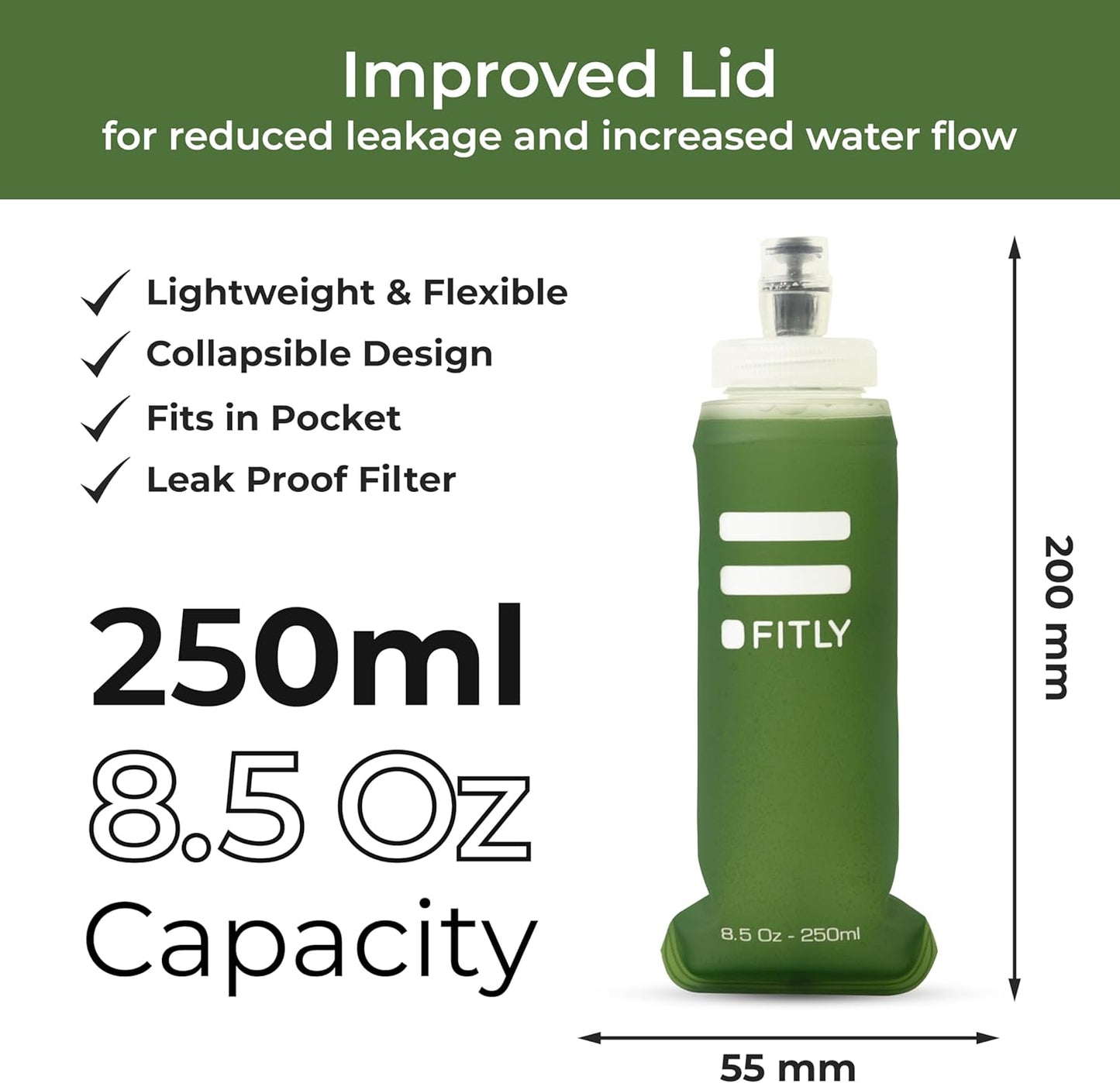 FITLY Soft Flask - Shrink As You Drink Soft Water Bottle for Hydration Pack - Folding Water Bottle Ideal for Running, Hiking, Cycling, Climbing & Rigorous Activity