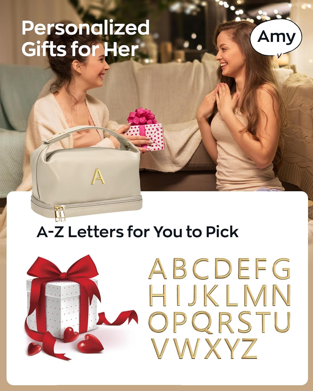 Personalized Makeup Bag with Handle, Initial Double Layer Cosmetic Bag with Makeup Brush Organizer,Gifts for Friends Female Mom