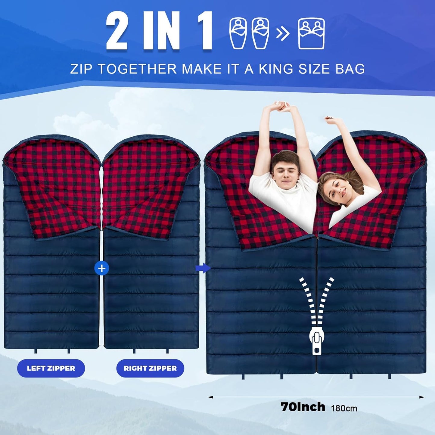 0 Degree Sleeping Bag Cotton Flannel Winter Cold Weather for Adults XXL Sleeping Bag 4 Season Big and Tall with Pillow Compression Sack