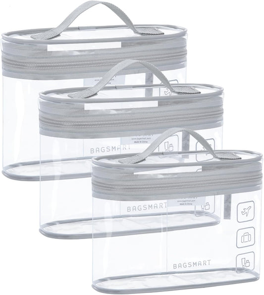 BAGSMART TSA Approved Toiletry Bag, 3 Pack Clear Makeup Cosmetic Bag Organizer, Quart Size Travel Bag for Toiletries, Carry-on Travel Accessories Essentials, Gray-3pcs